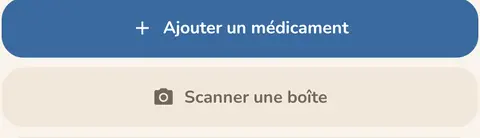 Dans l'app, les boutons « Ajouter un médicament » et « Scanner une boîte »