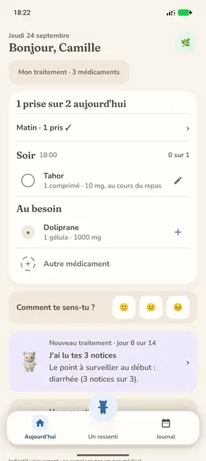 L'écran Aujourd'hui de TakeCare : « 1 prise sur 2 aujourd'hui », le matin plié, le soir avec Tahor à cocher