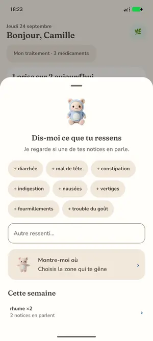 La feuille « Dis-moi ce que tu ressens » avec les ressentis proposés et « Montre-moi où »