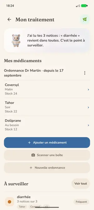 Mon traitement : ce que Taki a lu dans les notices, « Mes médicaments » par ordonnance, « Ajouter un médicament »